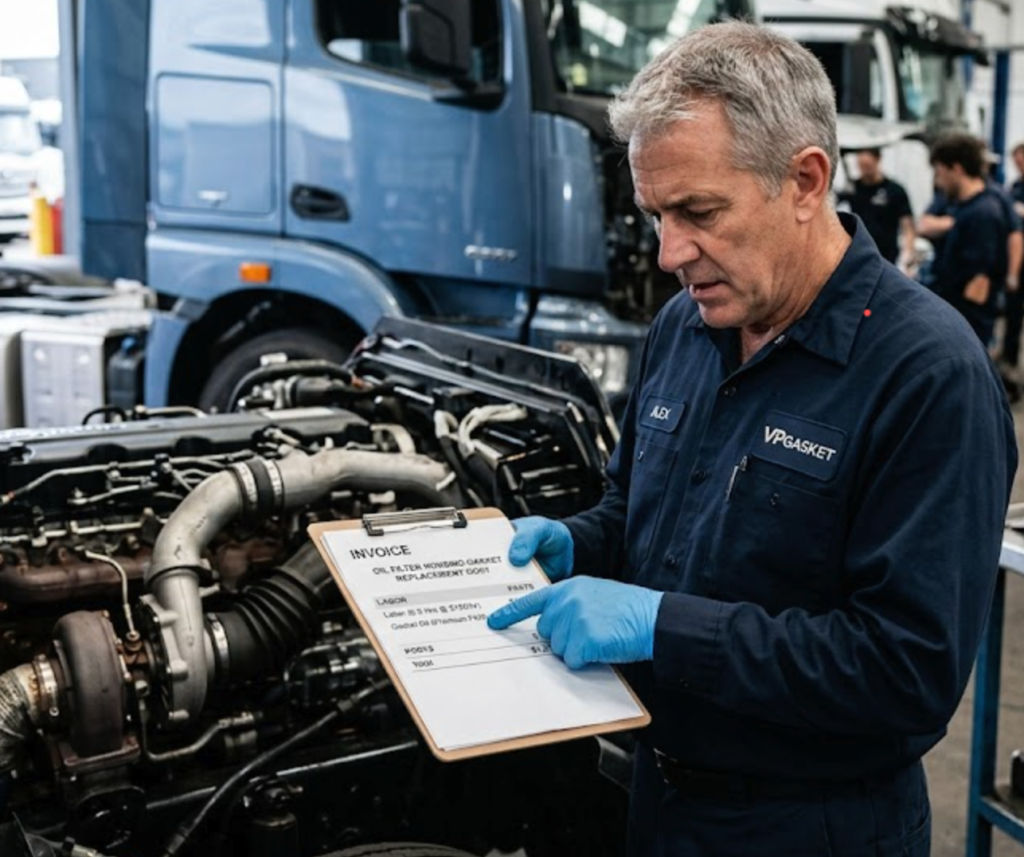 Mechanic reviewing high oil filter housing gasket replacement cost on an invoice